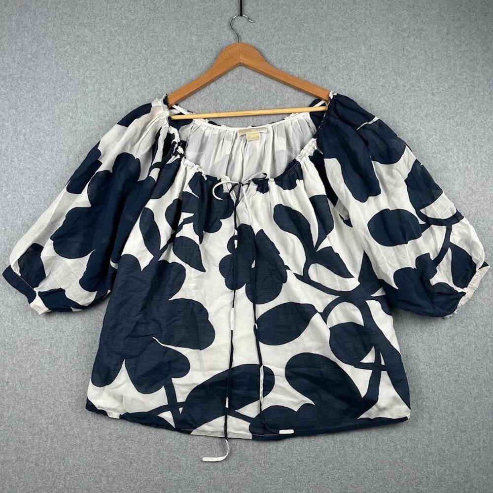 Michael Kors Women's 2XL‎ Shirt Puff Sleeve Blue White Floral Flowy Dressy Synch